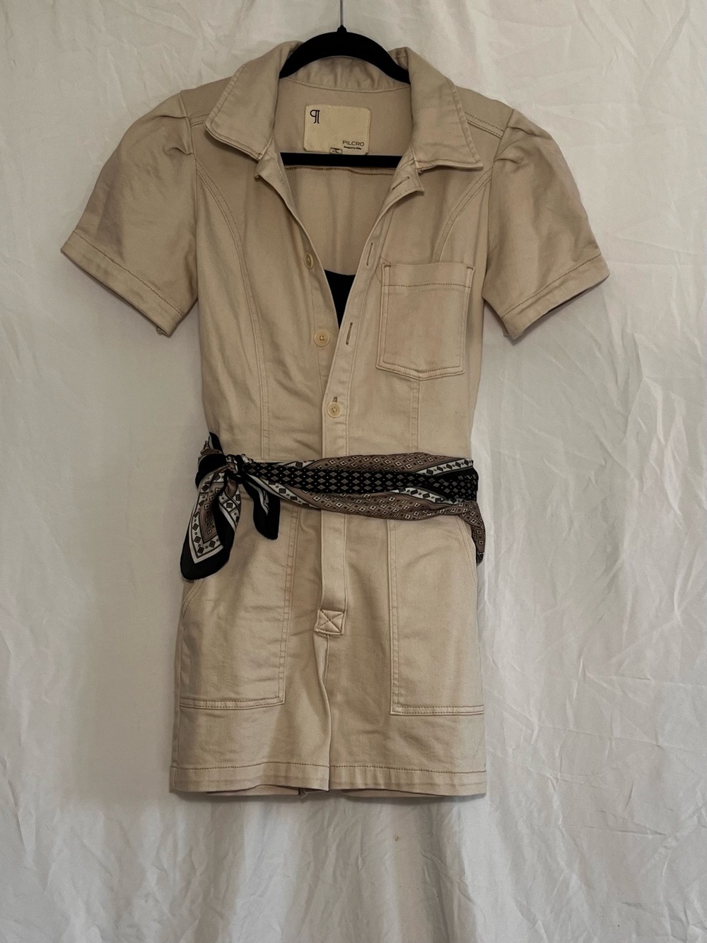 Anthropologie Pilcro Beige Short-Sleeve Utility Romper